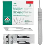 Set - 100 Stück sterile Skalpellklingen Figur 15 aus Karbonstahl - Ersatzklingen + 1 x Shehadeh - Skalpell-Halter - Edelstahl