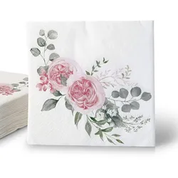 ECOFIESTA 240 Stück Servietten Rosen & Eukalyptus 33x33cm - Saugfähige Party-Servietten für Hochzeiten und Geburtstage - Papier-Servietten