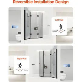 Vevor Badewannen Duschtür (1295 x 1422 mm / B x H) rahmenlose, klappbare Duschtür mit Scharnier, dreifach gefaltete Duschglastür mit 180° drehbares Design, für Badewanne, schwarz
