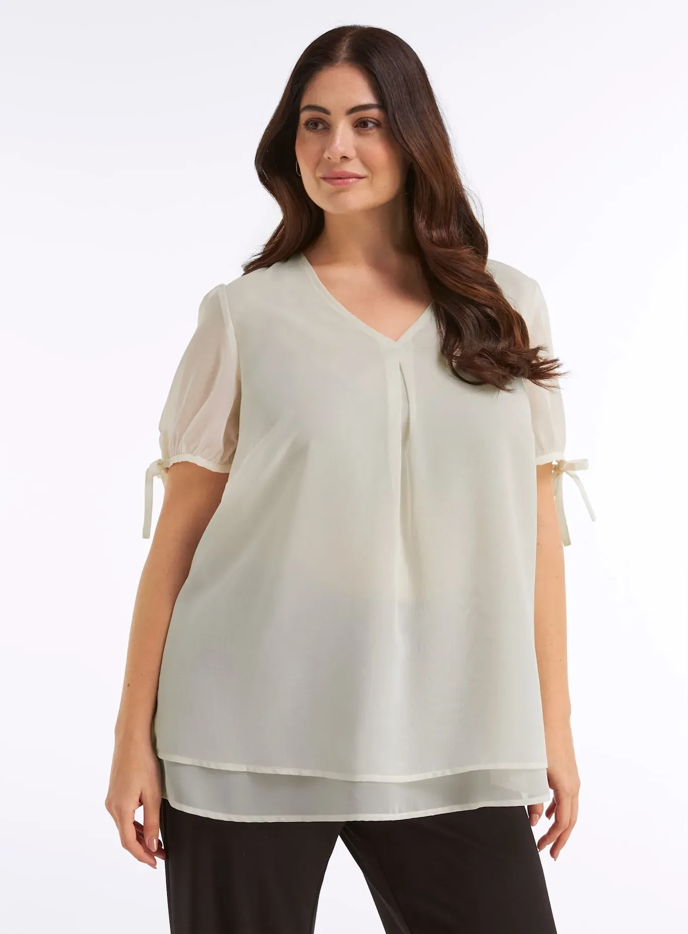 Longbluse SHEEGO, Damen, Gr. 50, champagner, 100% Polyester, unifarben, V-Ausschnitt, Blusen Longbluse
