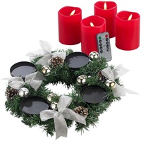Britesta Advent Deko Kranz: Adventskranz mit silberfarbenem Schmuck, inkl. LED-Kerzen in rot (Künstlicher Adventskranz dekoriert, Adventskranzgestecke, Kerze)