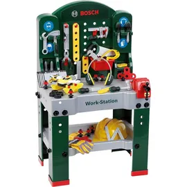 Theo Klein 8513 Bosch Workstation Werkbank mit Werkzeug, Montagefahrzeug und zahlreichem Zubehör Arbeitsplatte mit Lernfunktion Maße: 61 cm x 44,5 cm x 101 cm Spielzeug für Kinder ab 3 Jahren