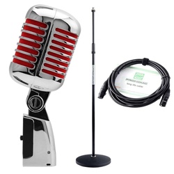 Pronomic Mikrofon DM-66 Elvis Rockabilly Dynamisches-Mikrofon (Spar-Set inkl. Mikrofonständer und XLR-Kabel, 3-tlg), Vocal Mikrofon für Sprache und Gesang rot