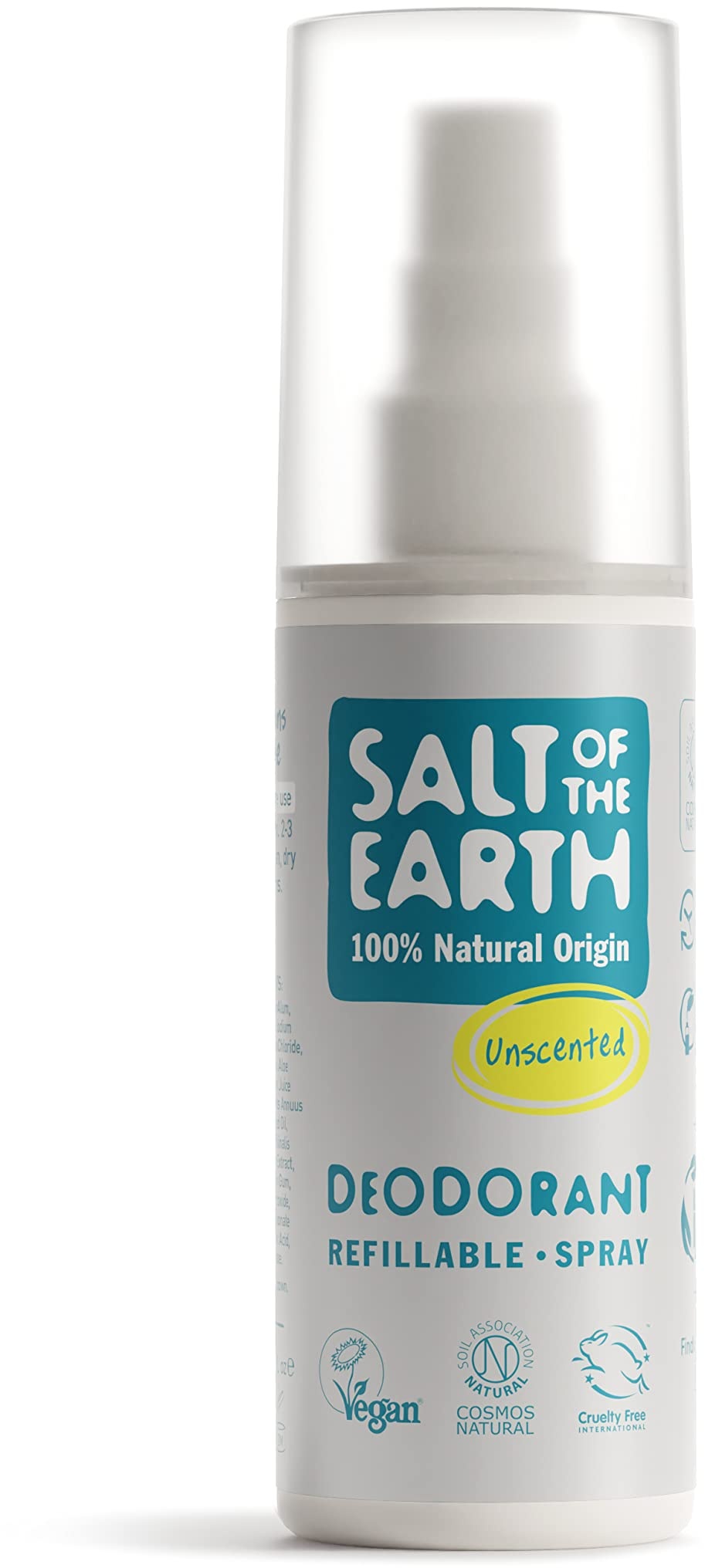 Natural Deodorant Spray by Salt of the Earth, Unscented, Fragrance Free - Vegan, Long Lasting Protection, Leaping Bunny Approved, Made in the UK - 100ml