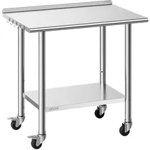 Vevor Edelstahltisch Gastro 915 x 610 x 894 mm, Verstellbarer Edelstahltisch mit Rollen, Aufkantung (30 mm), Arbeitstisch mit Grundboden für Restaurant Obere Ablage (227 kg) Untere Ablage (191 kg)