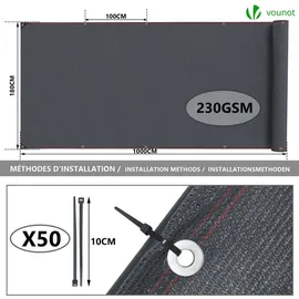 VOUNOT Zaunblende 1.8×10m, Sichtschutz Zaun 230 g/m2 HDPE Schattiernetz, Anthrazit - VOUNOT®