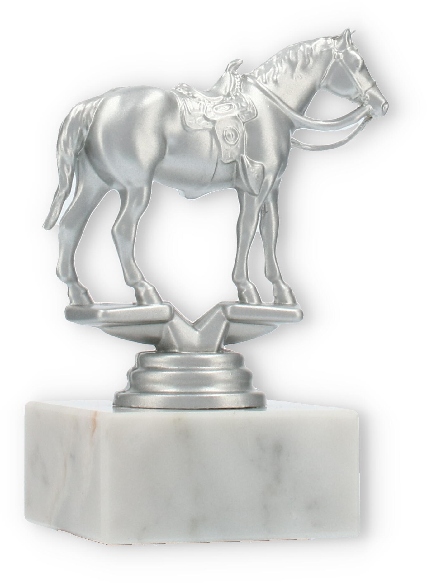 Pokal Kunststofffigur Westernreiten silbermetallic auf weißem Marmorsockel 12,3cm