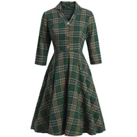 Minetom Damen Kariert Cocktailkleid Vintage V Ausschnitt 3/4 Ärmel Retro Hepburn Midi Cocktailkleider Retro Rockabilly Swing Kleider Kariertes Midikleid B Grün XL - XL