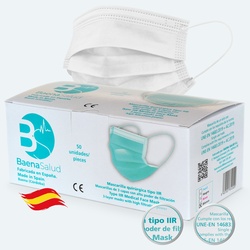 Baena Salud 50 Einweg-Schutzmasken chirurgisch, Typ IIR, in weißer Farbe, Filtration (BFE) 98%, hergestellt in Spanien