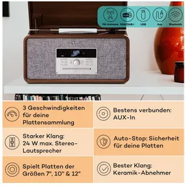 Auna Mary Ann Plattenspieler 33 ? / 45 / 78 U/min CD DAB+ UKW BT USB Braun