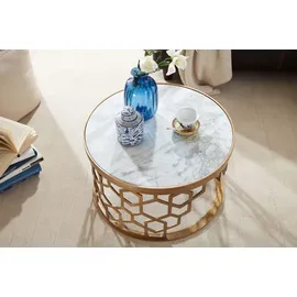 FineBuy Couchtisch Rund Weiß/Gold Marmor 60 x 60 x 36 cm