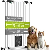 Bomi Türschutzgitter Tierschutzgitter Mira 73–161 cm, 107 cm extrahoch, mit Katzenklappe (ohne Bohren, verschraubbar, extra hoch), Tierschutzgitter ohne Bohren – Absperrgitter Tier extra enge Streben weiß 143 cm x 107 cm
