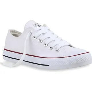 VAN HILL Damen Sneaker Low Canvas Freizeitschuhe Schnürer Sportschuhe 94237, Farbe: Weiß Rotstreifen Lucky, Größe: 36 - Weiß - 36