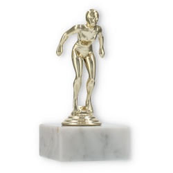 Pokal Kunststofffigur Schwimmerin gold auf weißem Marmorsockel 13,3cm