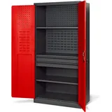 Jan Nowak Werkzeugschrank TC02AM Werkstattschrank mit Schubladen Flügeltüren Metallschrank 3 Fachböden Pulverbeschichtung 185 cm x 92 cm x 50 cm (Rot)