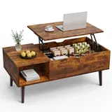 Sweetcrispy Couchtisch Höhenverstellbar, Tisch Wohnzimmertisch, offener und versteckter Stauraum Couchtisch, Sofatisch Beistelltisch, 100 x 50 cm Sofatisch aus Holz für Wohnzimmer, Braun