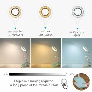 QJUZO Klemmlampe Bett, LED Leselampe Bett Touch Dimmbar 3 Farben Bettlampe Klemmleuchte Augenschutz Schwanenhals Leselampe Kinder USB Aufladbare für Studieren Arbeiten, Blau