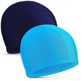 2 Stücke Elastische Badekappen Komfortable Stoff Badehut Leichte Badekappen für Frauen Männer Kinder beim Schwimmen (Marineblau, Seeblau)
