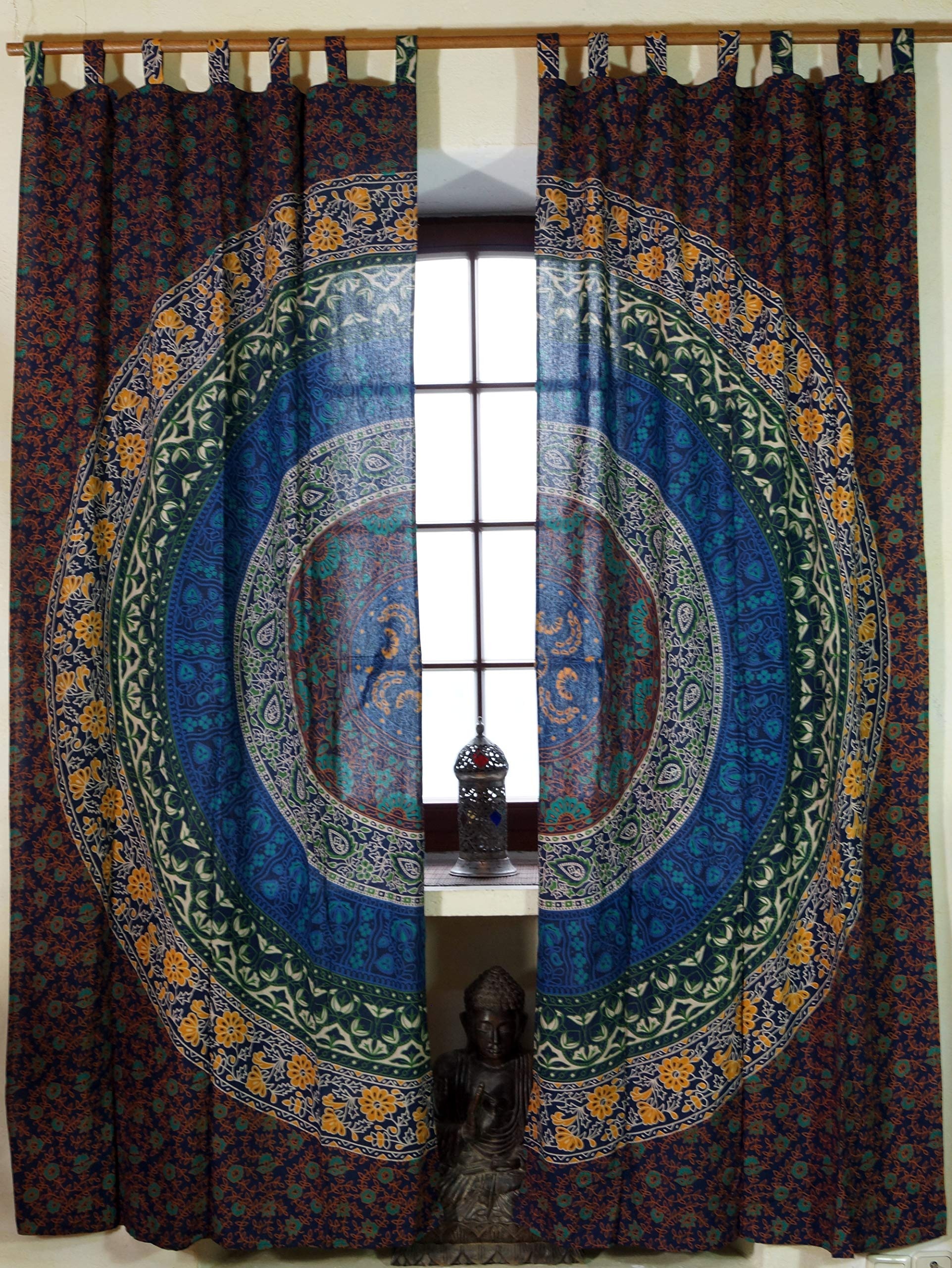 GURU SHOP Boho Vorhänge, Gardine (1 Paar) mit Schlaufen, Handbedruckter Ethno Style Vorhang, Mandala Motiv - Blau/braun, Baumwolle, 230x100x0,2 cm, Dekovorhänge