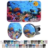 Sanilo Badaccessoire-Set 3-teilig mit Motiv, viele schöne Sets zur Auswahl, WC-Sitz mit Absenkautomatik, Badteppich 70 x 110 cm, Waschbeckenstöpsel, 3 tlg., 3-teilig, hochwertig & modern, universell, leichte Montage blau