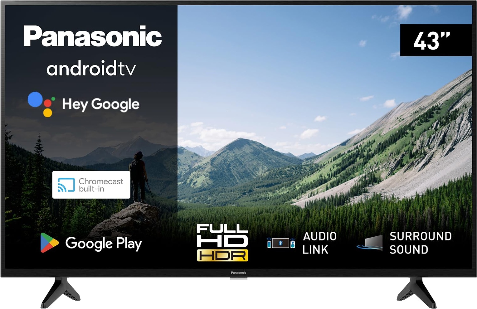 Panasonic TX-43MSW504, 43 Zoll Full HD LED Smart 2023 TV, Android TV, Surround Sound, Google Assistant, Chromecast, Bright Panel, HD Color Engine, Schwarz