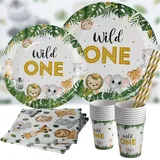 Wild One Geburtstag Deko Partygeschirr,1. Geburtstag Junge Dschungel Safari Partygeschirr Set,Papier Teller Becher Servietten Strohhalme für 20 Gäste Babyshower Deko