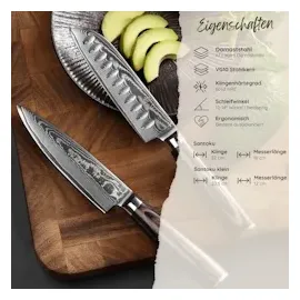 Wakoli EDIB Essentials 2er Damastmesser-Set - Küchenmesser Set aus 67 Lagen Damaststahl, Kochmesser-Set mit kleinem Chefmesser, Santokumesser, Pakkaho
