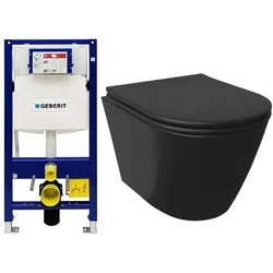 Alpenberger Spülrandloses Hänge WC Komplettset | Wand WC Schwarz Matt mit Geberit Spülkasten WC Vorwandelement Set | Kloschüssel mit Toilettendeckel