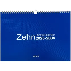 2025 Adina Zehnjahres-Kalender A4 blau Querformat mit Spiralbindung und Wandaufhängung