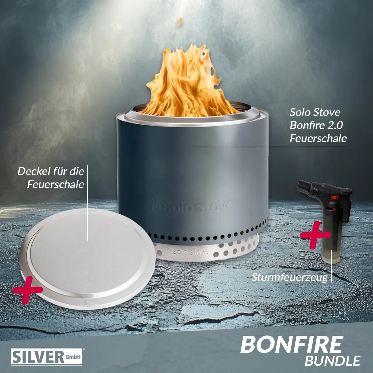 Solo Stove BONFIRE 2.0 Gunmetal Metallic Bundle inkl. Edelstahl Deckel + Standfu...