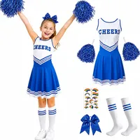 yolzhxe Cheerleader Kostüm Kinder, 130 cm Cheerleader Kostüm Mädchen Weich Cheerleading Outfit Cheerleading Outfits mit Pompons, Socken und Haargummi für Basketballspiele Fasching Halloween (Blau)