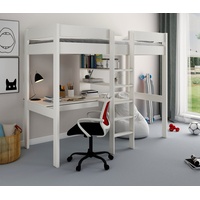 Lüttenhütt Hochbett Stockbett, Kinderbett, "ROBIN " FSC® zertifiziertes Massivholz mit Schreibtisch und Regalen weiß