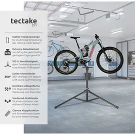 Tectake Fahrradmontageständer klappbar Belastbarkeit 50 kg lackschonend mit Vorderrad-Stabilisator und Werkzeugablage