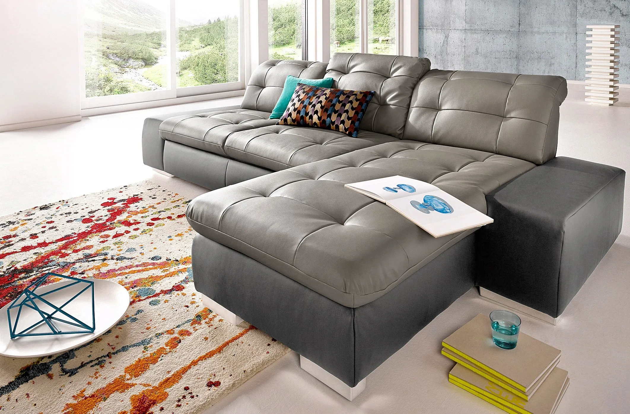 Ecksofa SIT & MORE "Palomino L-Form", grau (fango, delfin), B:284cm H:84cm T:109cm, Kunstleder SOFTLUX/Struktur (100% Polyester), Kunstleder SOFTLUX/Feinstruktur (100% Polyester), Kunstleder SOFTLUX/ NaturLEDER (echtes Rindsleder), Sofas, wahlweise XL oder XXL und mit Bettfunktion