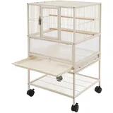 Weißer Vogelkäfig aus Kohlenstoffstahl, Großkäfig mit 4 Rollen, Maße 48,5 x 46 x 83 cm, Voliere für Wellensittiche, geeignet für kleine und mittelgroße Vögel