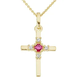 Ketten-Anhänger FIRETTI "Schmuck Geschenk Gold 333 Halsschmuck Anhänger Kreuz", gold (gelbgoldfarben, rot, rot), Schmuckanhänger, Damen, 0,03 ct P2 = erkennbare Einschlüsse, Gelbgold 333-Diamanten, 0,57 g, Gelbgold 333, Diamanten, mit Brillanten - mit Rubin