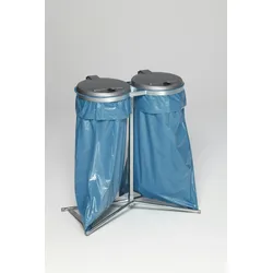 PROREGAL Robuster Doppel-Abfallsammler mit Kunststoff-Deckel | Stationär | 2x 120 Liter, HxBxT 98x85x48cm | Stahl | Verzinkt-Silber | Mülleimer