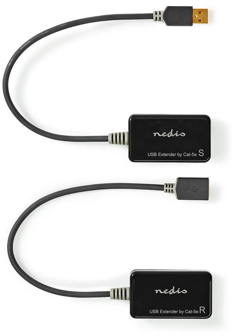 Nedis USB-Extender | USB 1.1 | 1x RJ45 Female | 1x USB-A Buchse | 1x USB-A Stecker | 1x RJ45 Female | 50 m | 12 Mbps | vergoldet | rund | PVC | Schwar