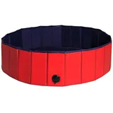 LIONTO Hundepool faltbar aus kratzfestem PVC-Material, Ø 120 cm, Höhe 30 cm, Anti-Rutsch-Belag & Abflussstopfen für schnelle Entleerung, Keine Pumpe benötigt, robuster Kinderpool, blau/rot