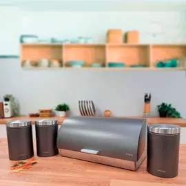 Briebe Set aus Brotkasten +3 Küchenvorratsdosen aus Robustem Edelstahl Modernes Design, Grau/Inox