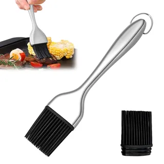 PNOOFR 1 Stück Hitzebeständig Backpinsel aus Silikon, Basting Brush, Grill Pinsel Edelstahlgriff Silikonbürstenkopf Hitzebeständige Backbürsten, Silikonpinsel Küche mit 1 Stück Ersatzbürstenkopf