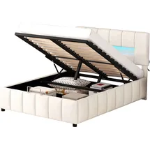 XDOVET Doppelbett(140x200cm,Beige)Polsterbett,Familienbett,Plattformbett mit LED-Beleuchtung,Modernes Bettgestell mit Stauraum - Beige