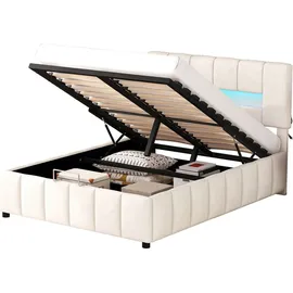 XDOVET Doppelbett(140x200cm,Beige)Polsterbett,Familienbett,Plattformbett mit LED-Beleuchtung,Modernes Bettgestell mit Stauraum - Beige
