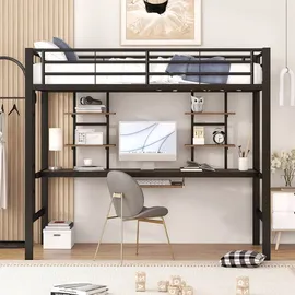 XDOVET Hochbett mit Schreibtisch und zwei Bücherregalen 90 x 200 cm MDF schwarz