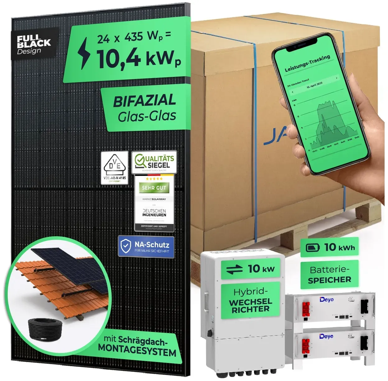 SOLARWAY 10,4kW Solaranlage mit Speicher   Deye 10 kW   Bifazial inkl. Montagesystem, App & WiFi