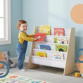 Relaxdays Kinderbücherregal 4 Stofftaschen 63 x 39 x 60 cm Kiefer massiv weiß
