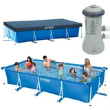 INTEX Family Swimming Pool Frame 450x220x84 + Filterpumpe 3407l/h + Abdeckplane