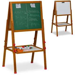 Relaxdays Kinderstandtafel, magnetische Spieltafel, höhenverstellbar, 102-135x55x52 cm, Whiteboard & Kreidetafel, braun