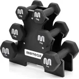 Meteor Hexagon Hantelset 12 kg – 6-teiliges Kurzhantel-Set aus Gusseisen, Vinylbeschichtet, inkl. Ablage, Schwarz - Schwarz