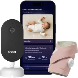 Owlet Dream Duo – Smart Baby Monitor mit medizinisch geprüftem Dream Sock® Sensor, 2K HD Kamera, Puls- & Sauerstoffüberwachung, Schlafanalyse, WLAN Rose